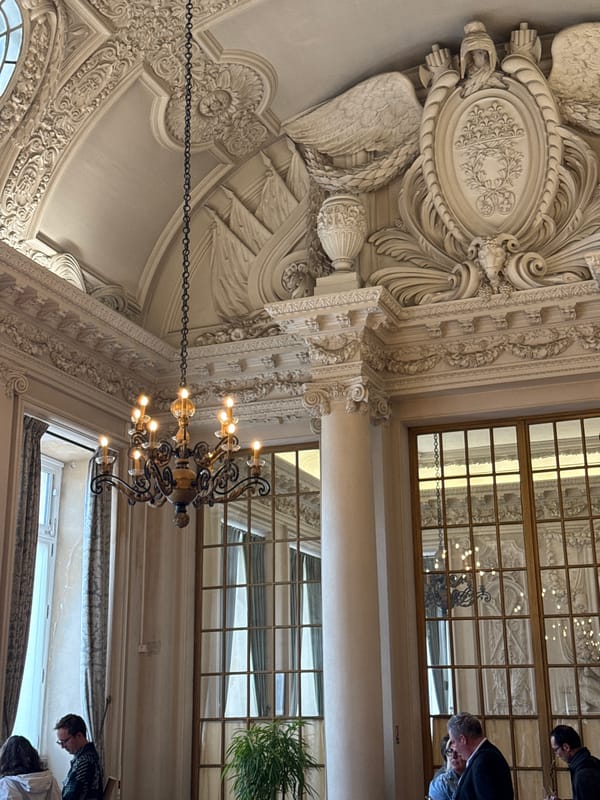 Tourist captures ornate hall interior with chandelier in Reims