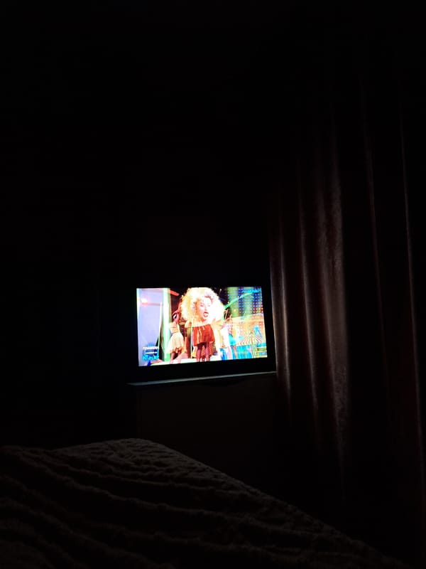 Evening at home with TV, dancing, stuffed rabbit