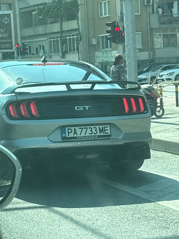 Silver Mustang GT stops at traffic light in Plovdiv