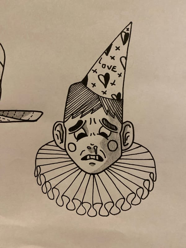 Clown sketch with love-themed hat documented in Ushuaia