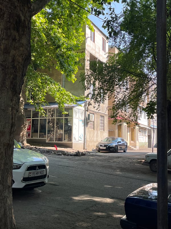 Quiet Armenian city street with parked cars and local storefronts