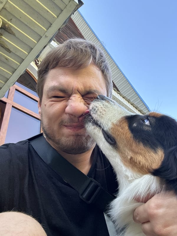 Man photographs playful moments with dogs in Krasnaya Polyana