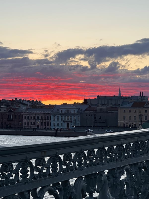 Sunset observed over Saint Petersburg waterfront with research vessels docked