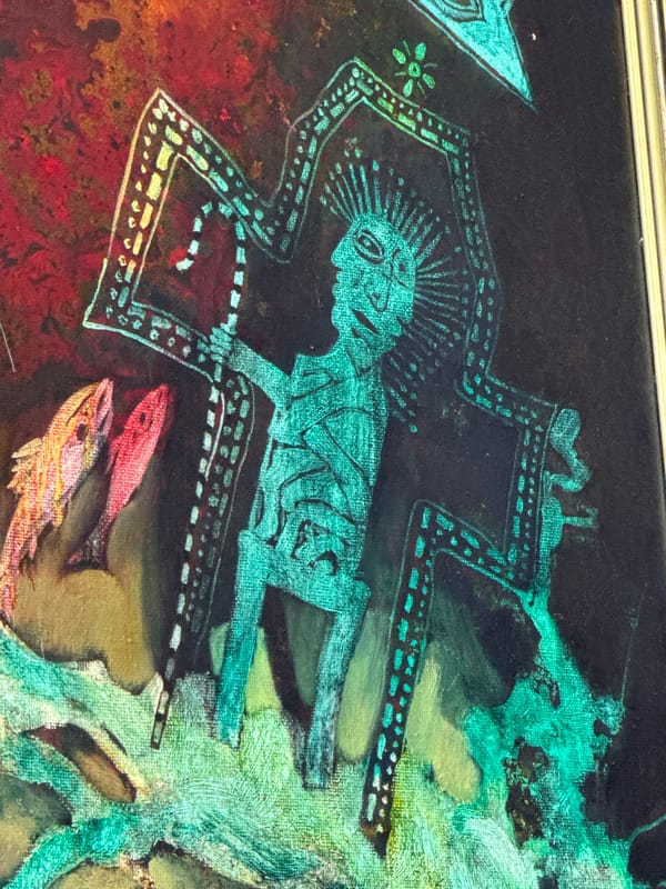 Surreal painting with turquoise figures documented in Plovdiv