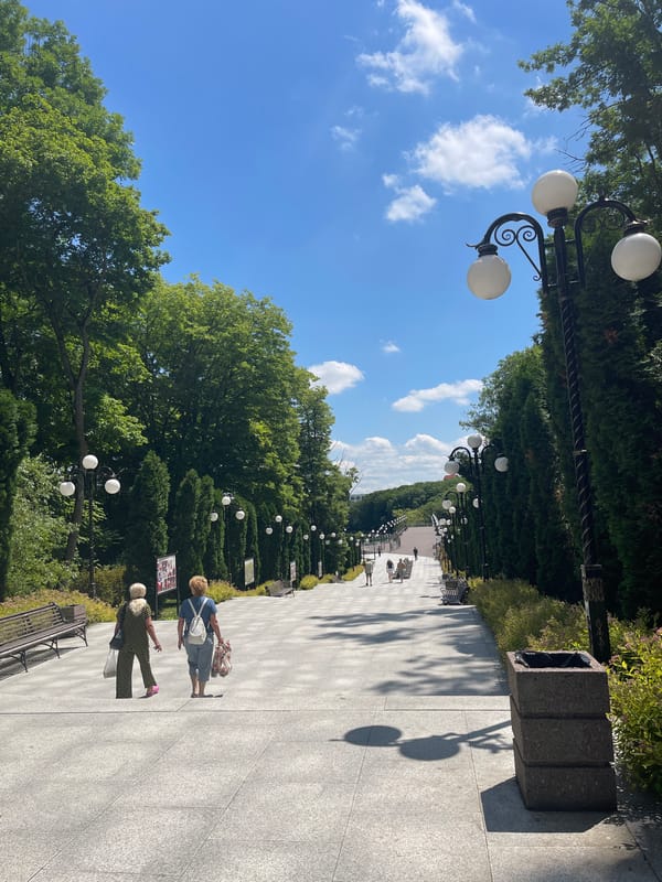 Morning walk through Zheleznovodsk's sculpture-lined promenade park