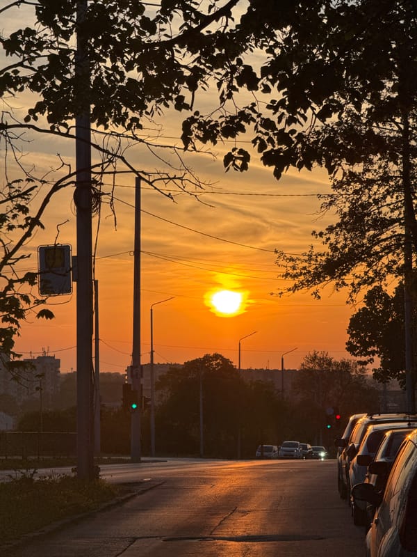 Sunset documented across urban Dobrich, Bulgaria in evening observations