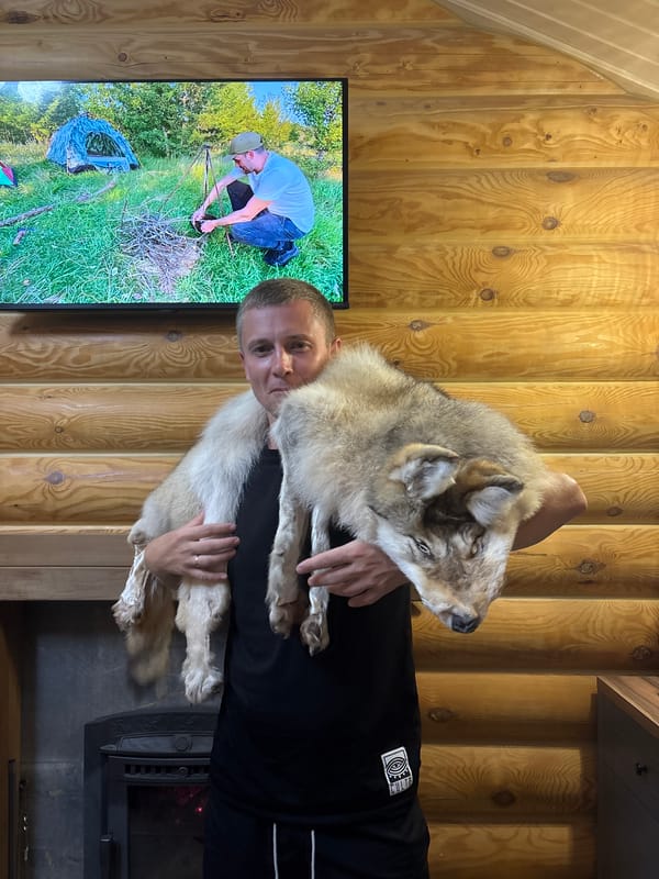 Afternoon at home with a dog, a wolf pelt, and some fun
