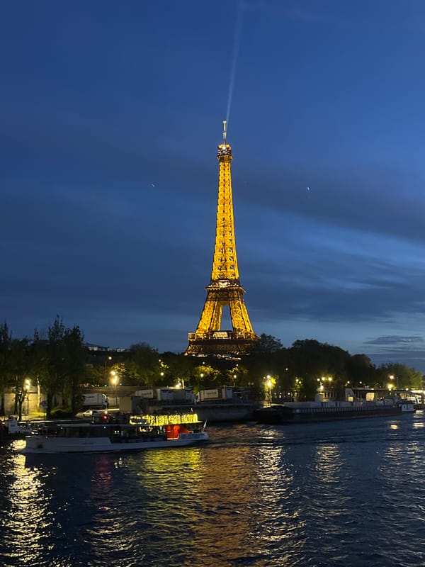 Eiffel Tower glows golden in evening light over Seine