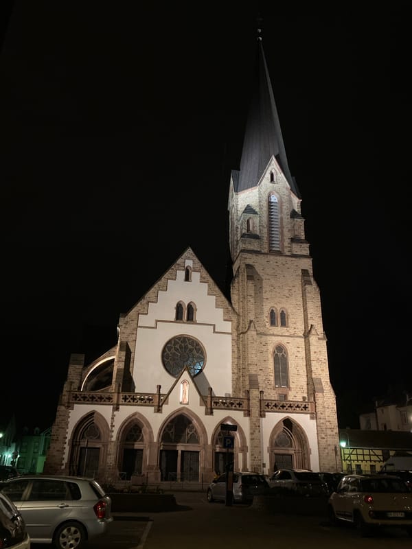 Church documented at night in Bischheim, France