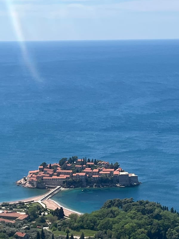 Aerial view captured of Sveti Stefan luxury resort islet