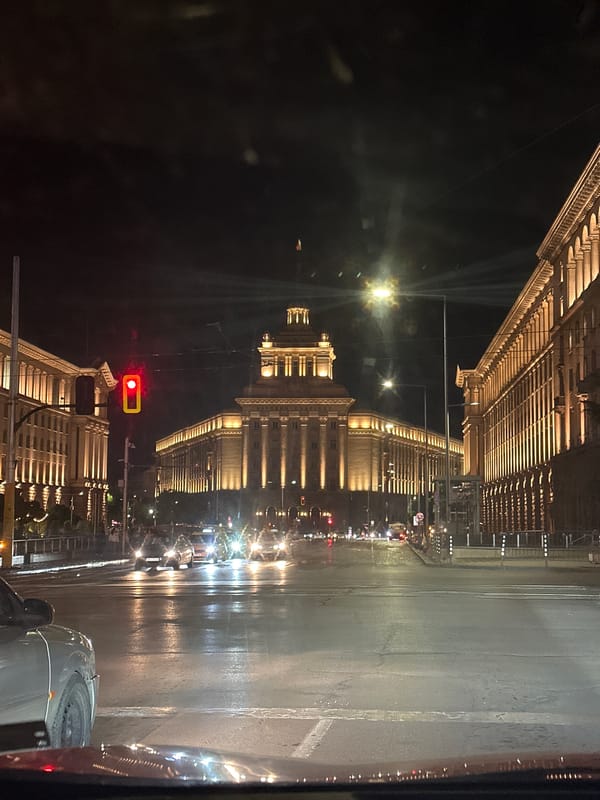 Evening street scenes and restaurant activity documented in Sofia