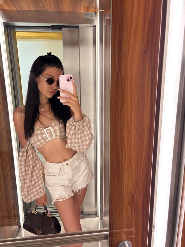 Elevator selfie in Sofia, styled in checkered crop top and denim