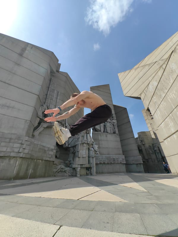 Man performs backflips at Bulgaria's 1300 Years Monument