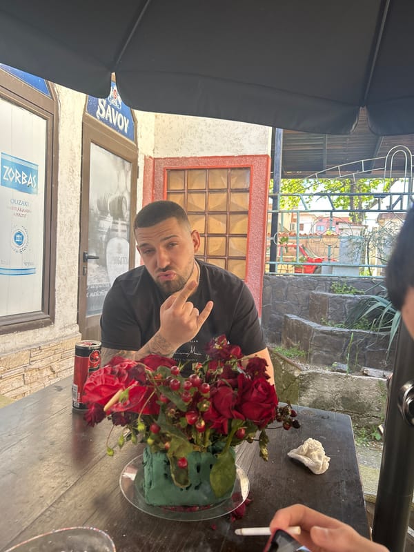 Man dines at outdoor cafe in Hisarya, Bulgaria