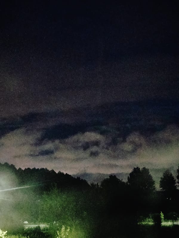 Nighttime streetlight scenes with cloudy skies and silhouetted trees