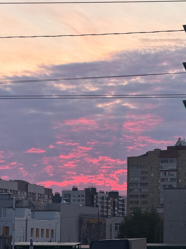 Dramatic colorful sky photographed over Kokkorevo cityscape