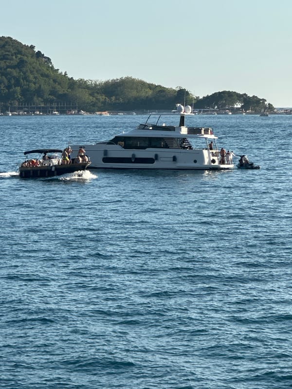 Boats and paddleboards on the Adriatic off Budva