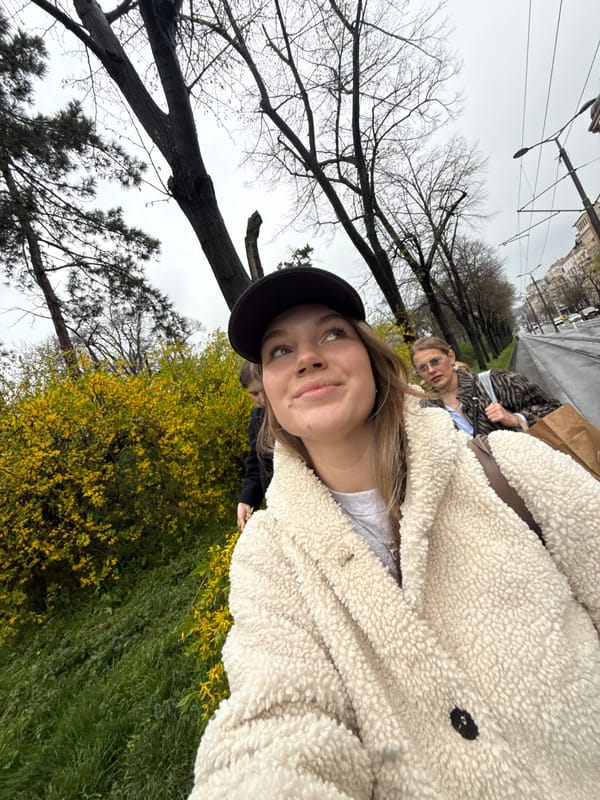 Woman takes selfies near spring flowers in Belgrade