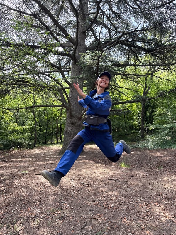 Workers take break for playful moments in Ukrainian forest