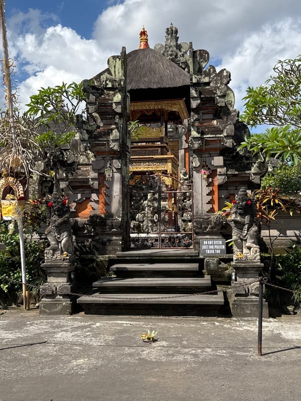 Ubud temple architecture and festival street decorations, Bali