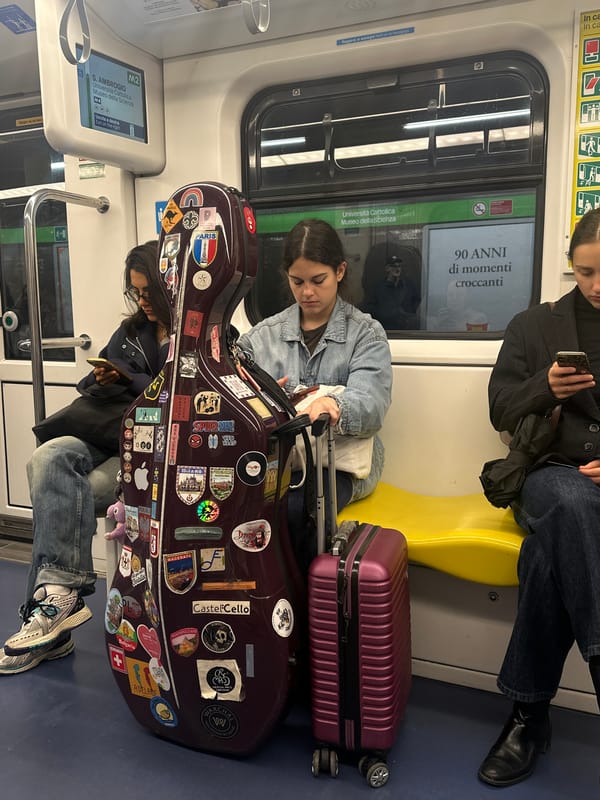Woman sleeps beside cello case on Milan Metro train