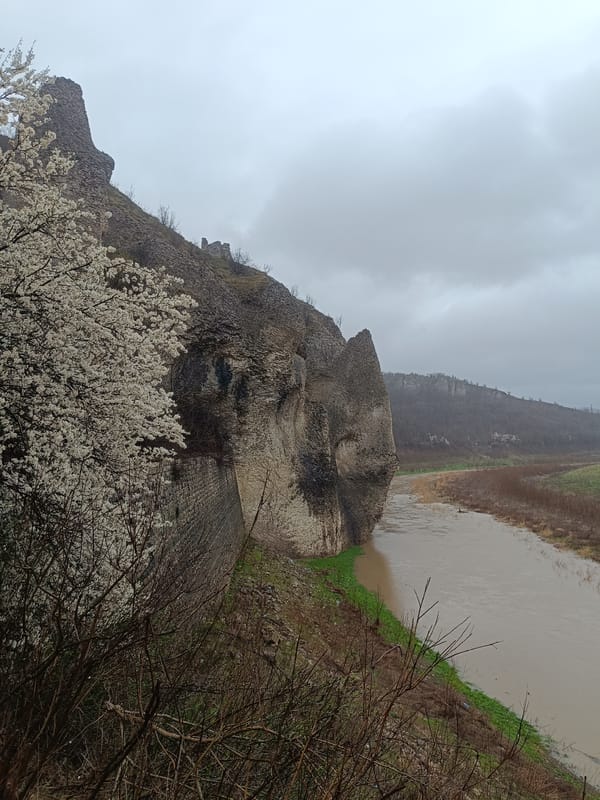 Spring landscape documentation in Asparuhovo Bulgaria shows cliffs river