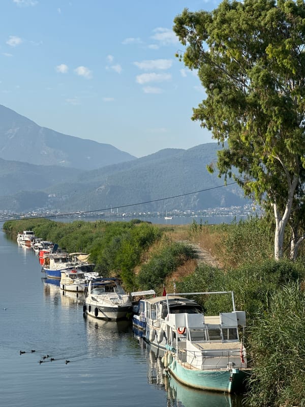 Boats moored along a calm canal in Fethiye, Turkey