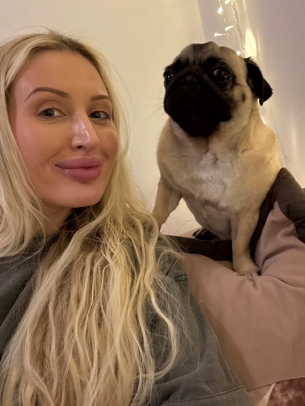 Chill indoor selfie session with a pug and a mocktail