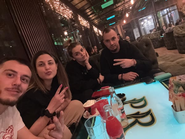 Friends take selfie at restaurant in Ruse, Bulgaria