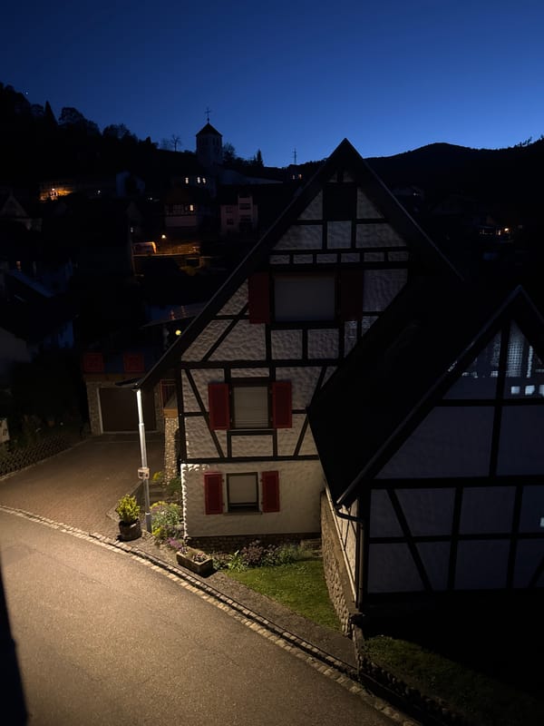 Traditional half-timbered house photographed during blue hour in Forbach