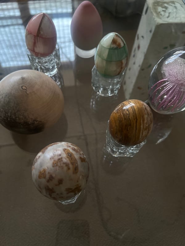 Decorative glass and stone eggs displayed in New York