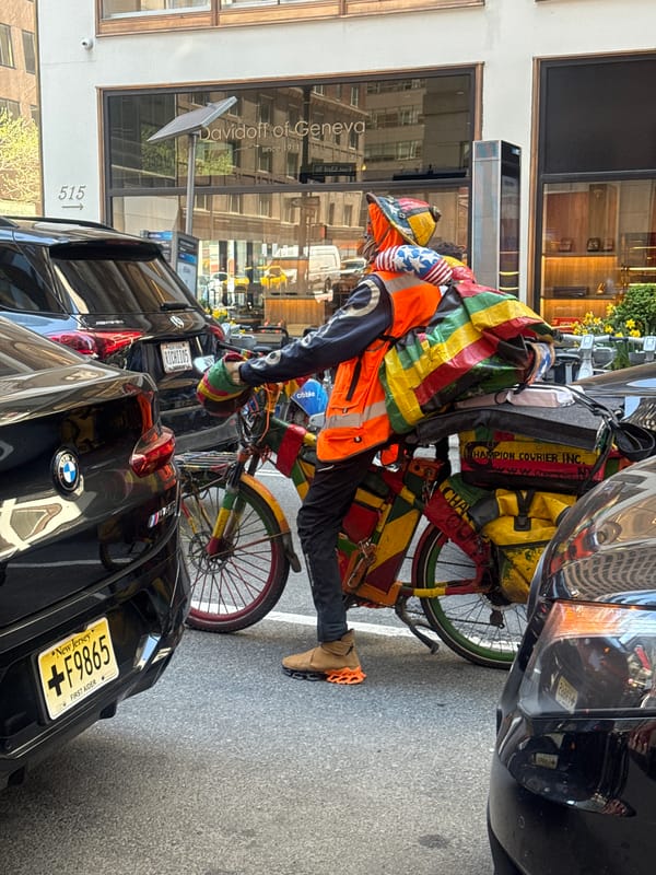 Delivery cyclist with flag hat spotted in New York