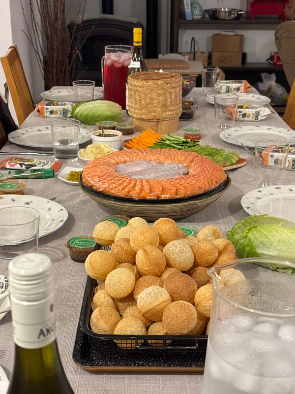 Elaborate salmon dinner prepared in Rishpon, Israel