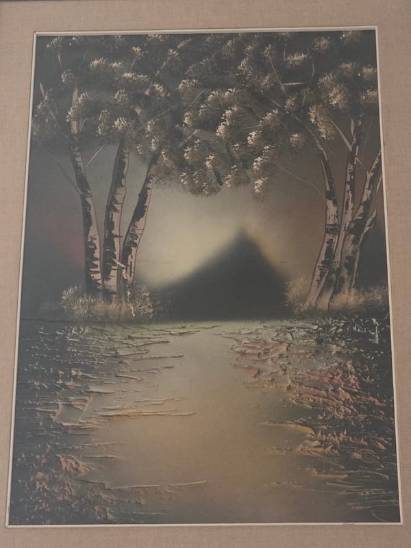 Surreal landscape painting with dark textured path, Ladispoli