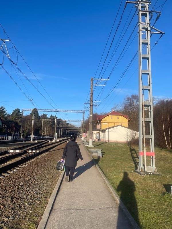Traveler with bags waits on railway platform in Svetlogorsk