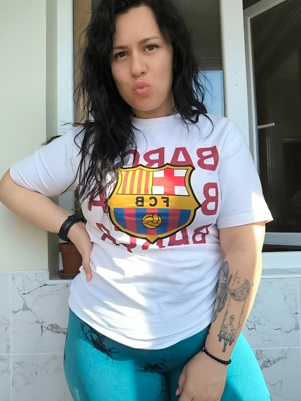 Woman poses in Barcelona shirt in Pleven, Bulgaria