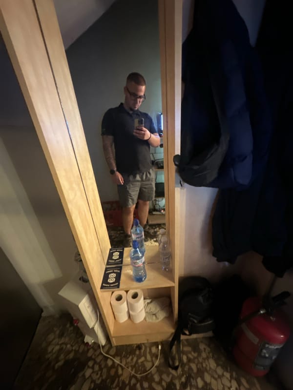 Man documents indoor visit with selfies in Lom, Bulgaria
