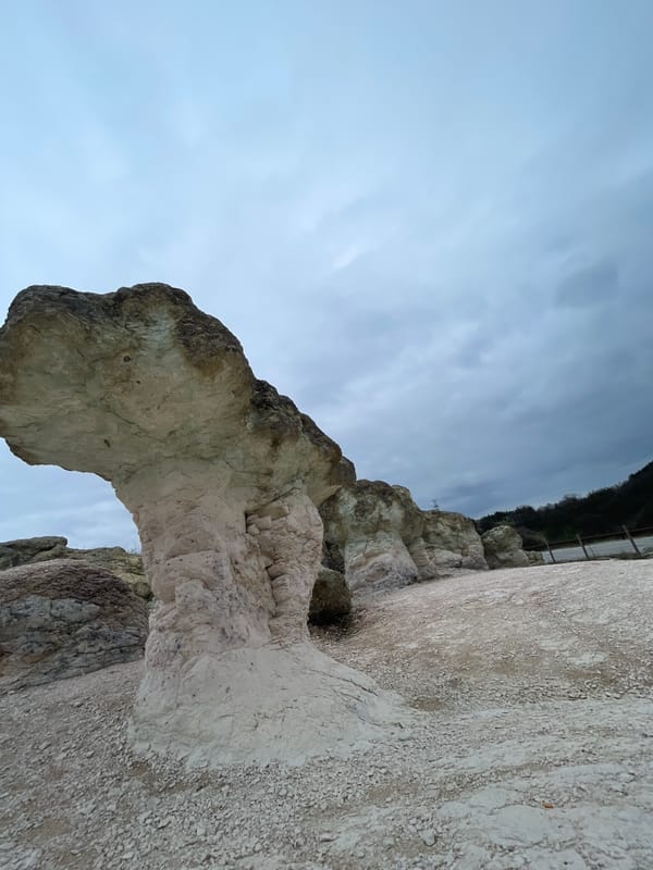 Visitors explore Stone Mushrooms rock formations in Bulgaria