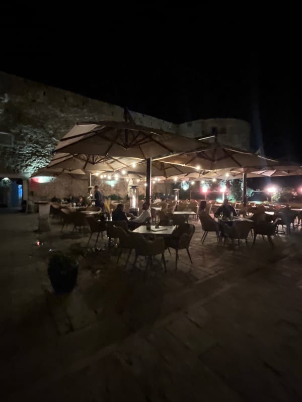 Evening stroll documents Budva street life, dining, storefronts