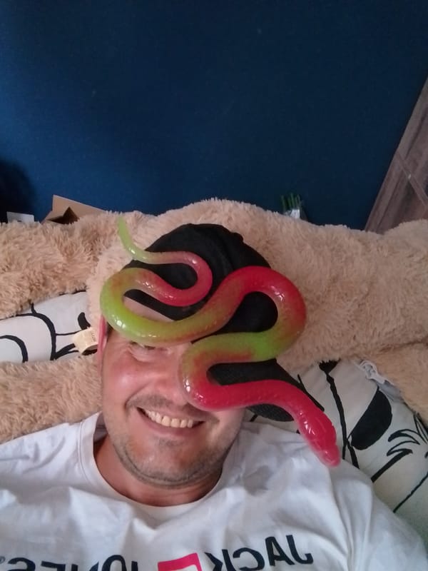 Toy snakes and candy goofing around in a Wedel bedroom