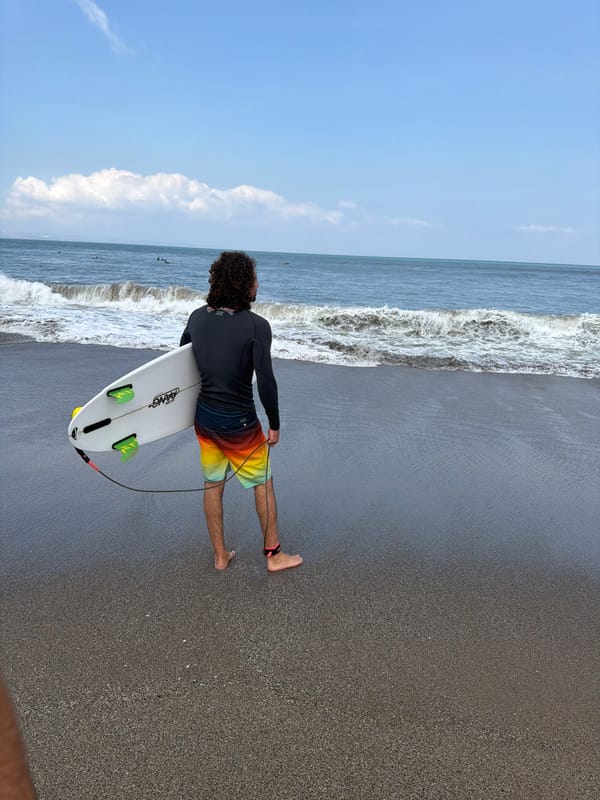 Sunny morning surf session on North Kuta's black sand beach