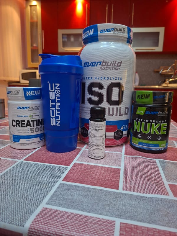 Sports supplements displayed on table in Plovdiv