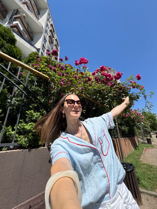 Summer morning at a Sochi residential complex, roses in bloom
