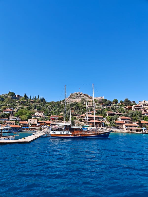 Boat captures scenic coastal views near historic fortress in Demre