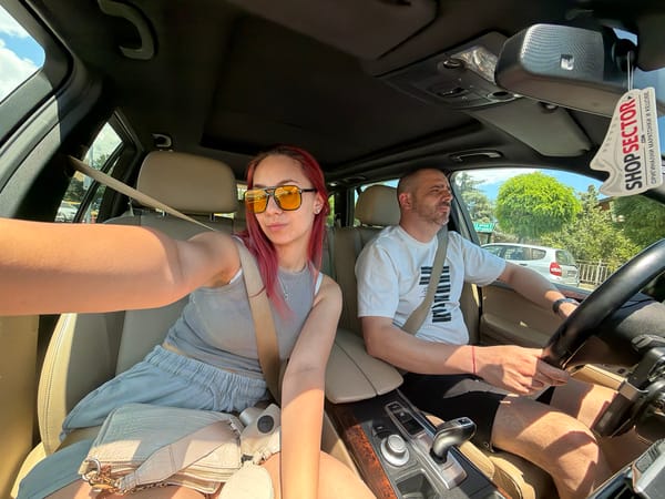 Selfie moment inside a car in Nesebar, Bulgaria