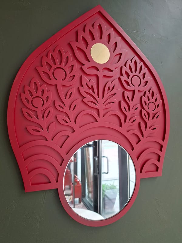 Inside a Russian folk-themed café with ornate mirrors and decor