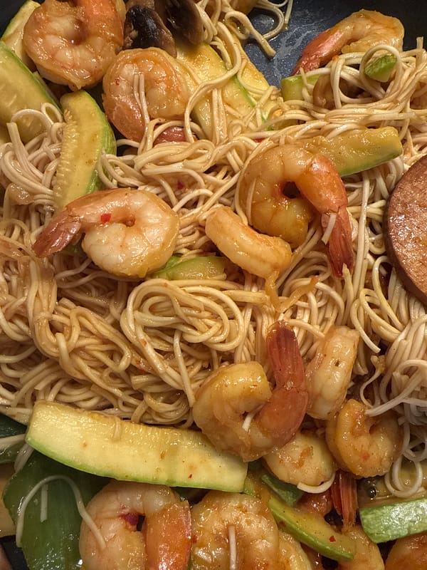Noodle dish with shrimp and zucchini documented May 8
