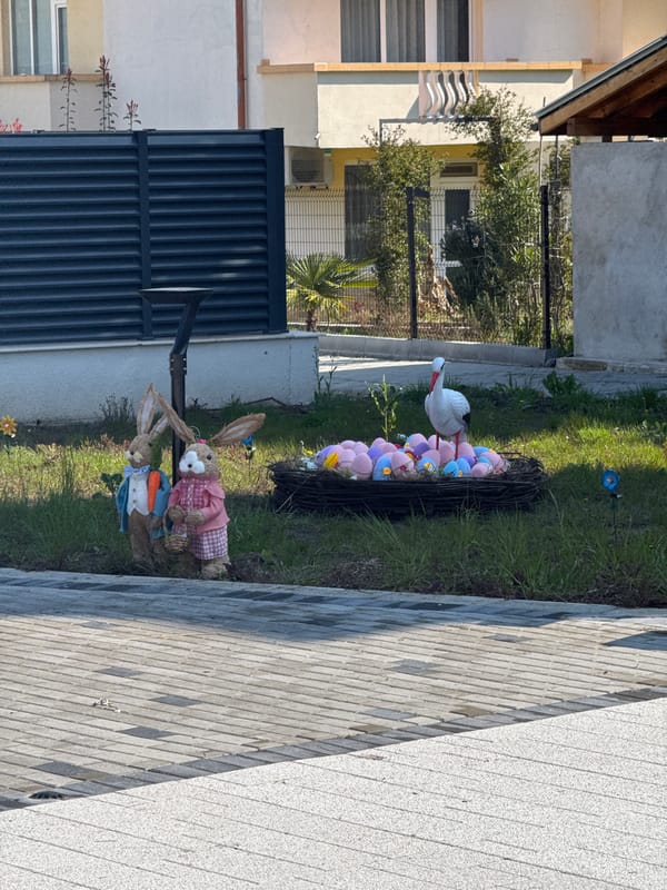 Easter rabbit decorations spotted in Primorsko, Bulgaria garden