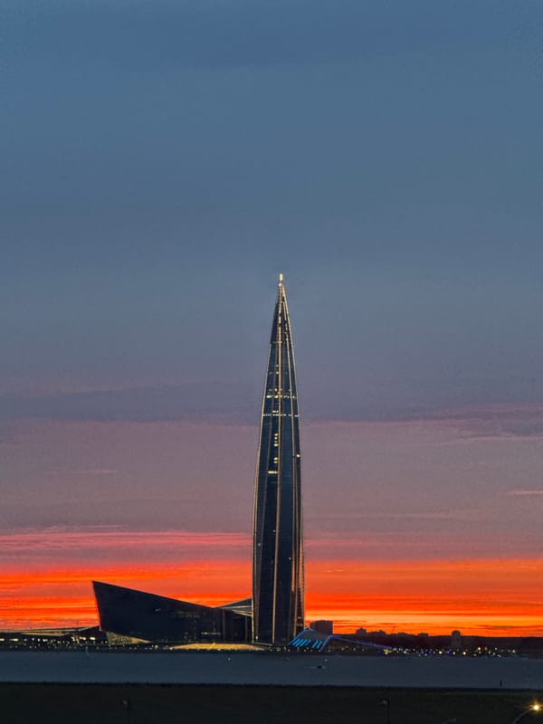 Lakhta Center towers over Saint Petersburg at golden hour