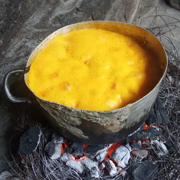 Child washing pot while meal cooks nearby